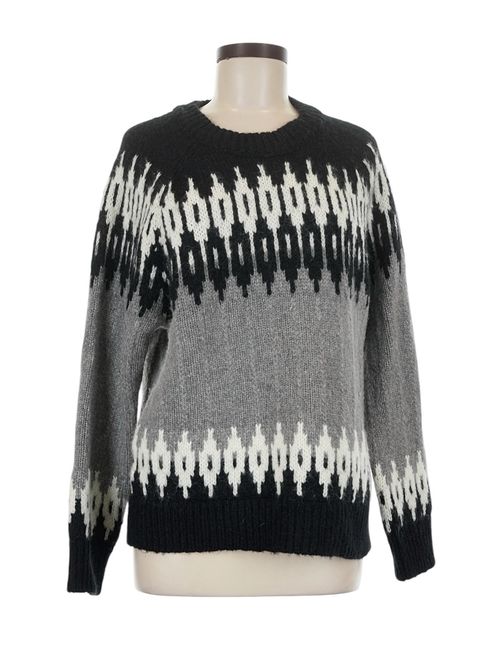 J. Crew Fair Isle Alpaca Wool Sweater M Black Gray Nordic Chunky Crewneck